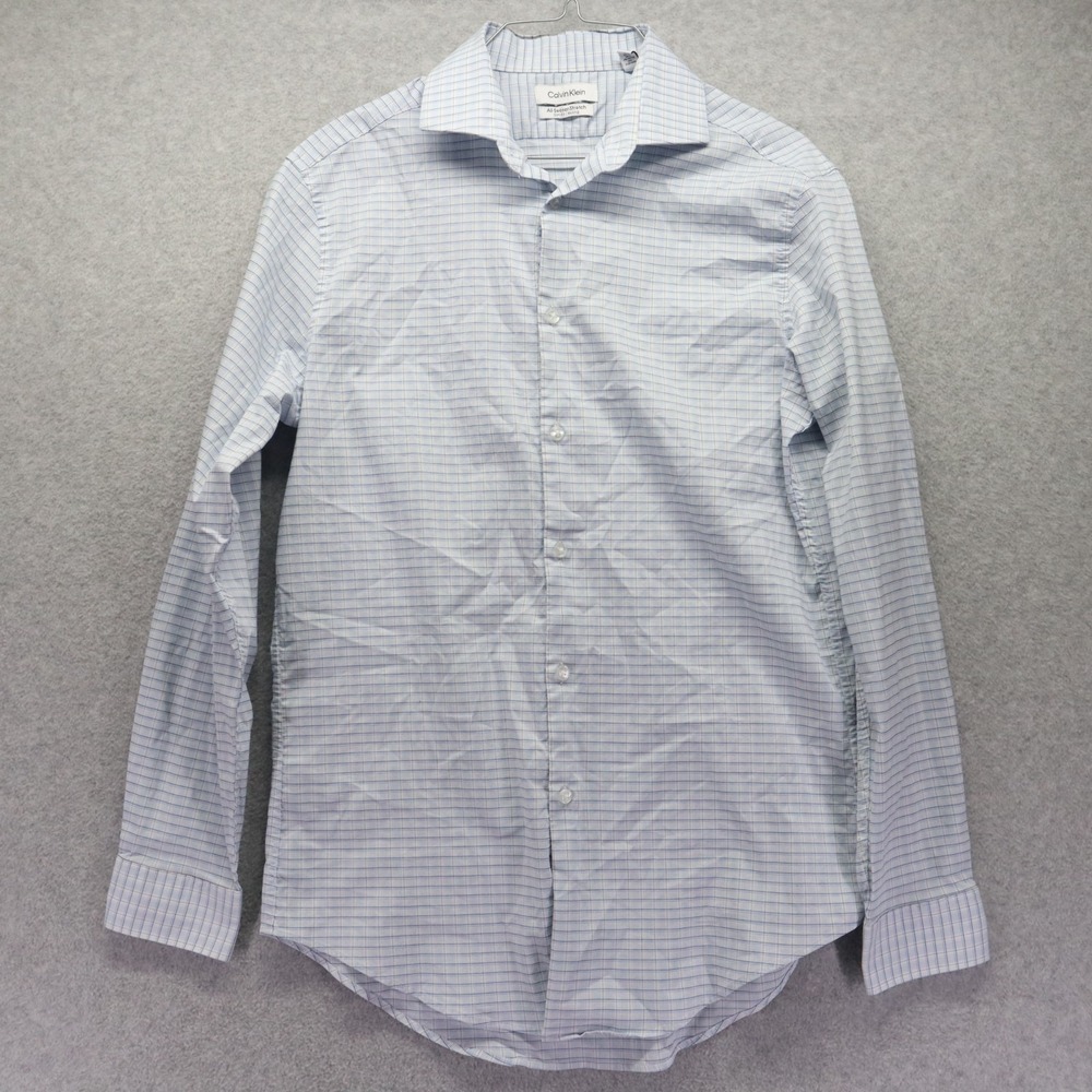 Calvin Klein Shirt Mens Medium 15.5 32/33 Slim Stretch Button Blue Long Sleeve‎